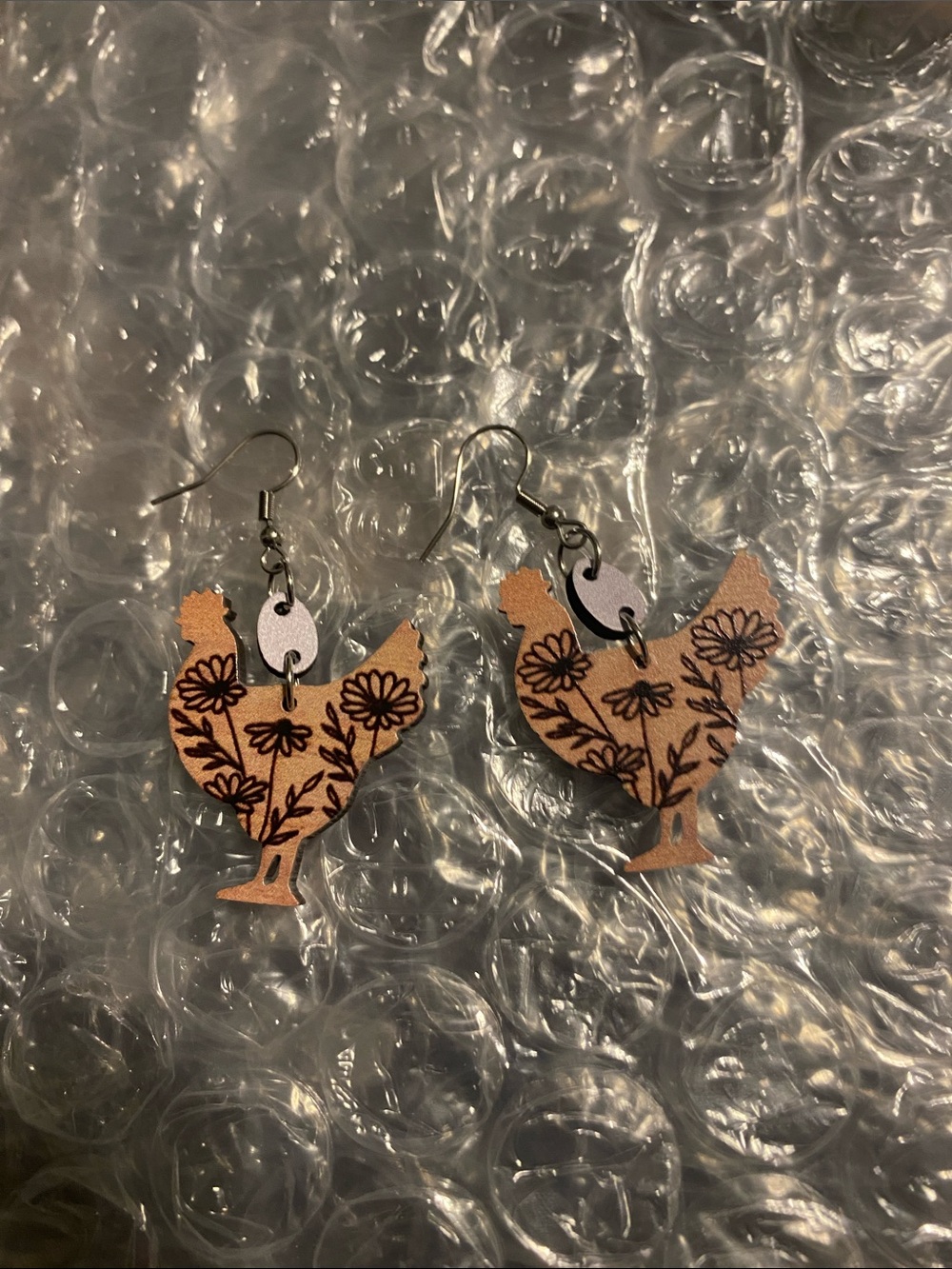 Floral Chicken Wood Dangle Earrings - Brown